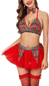 Avidlove Weihnachtsdessous für Feiertags-Outfits, karierter BH und Rock, Weihnachtsmann-Nachtwäsche mit Fliege